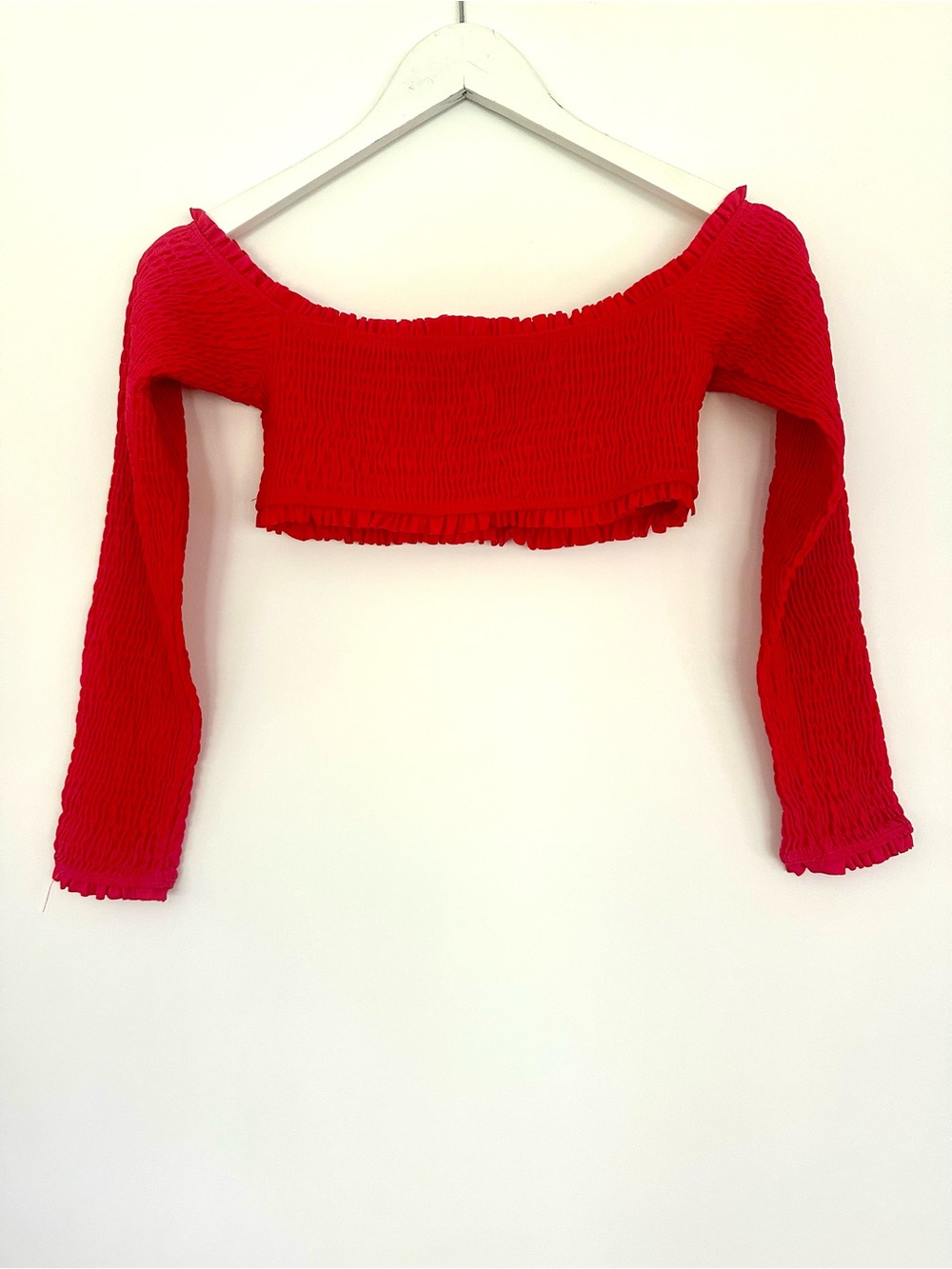 Lovers + Friends Red Smocked Off Shoulder Crop Top Long Sleeve S